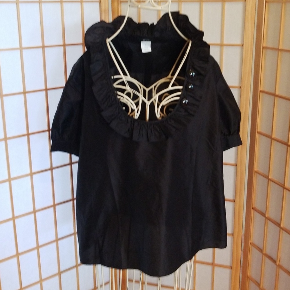 J Crew Silk Black Button Ruffle Top